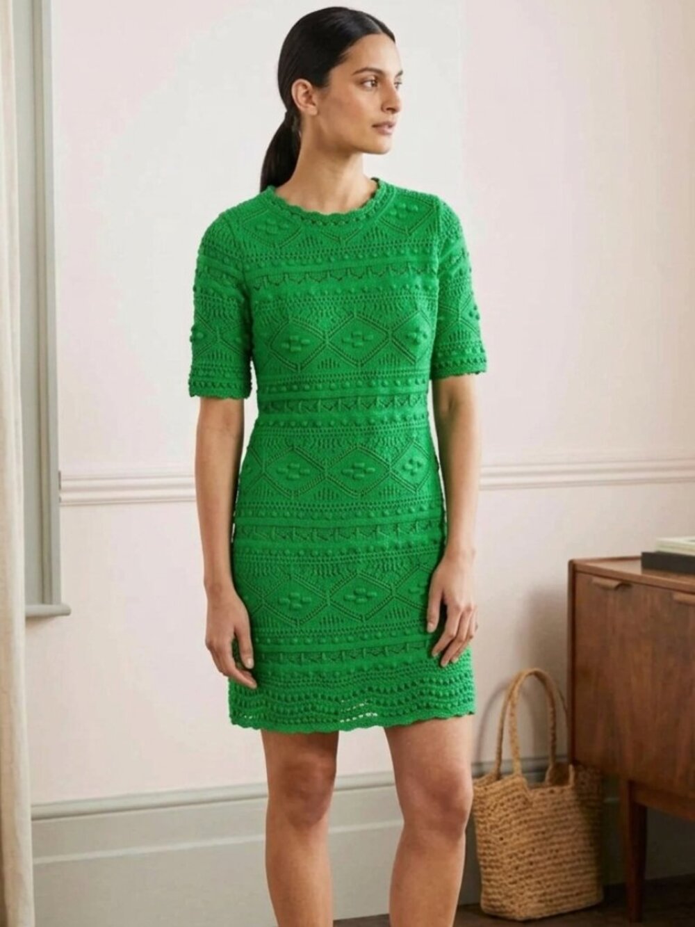 Boden Bright Green Crochet Knit Mini Dress